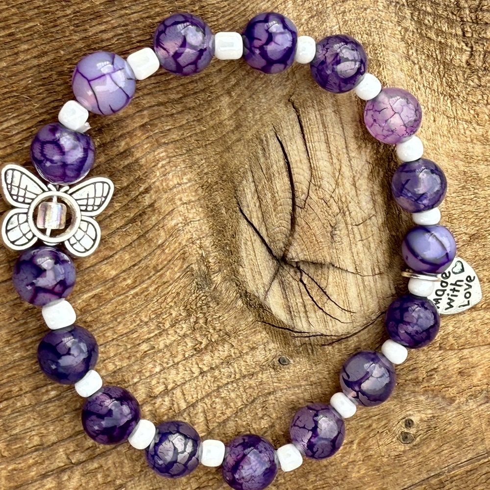 Purple Dragon vein Beaded Bracelet with Silver butterfly Charm